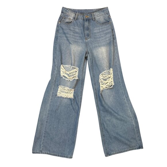 High Rise Wide Leg Ripped Jeans - Size 26 - Cyber Grunge Skater Y2K - Picture 1 of 6
